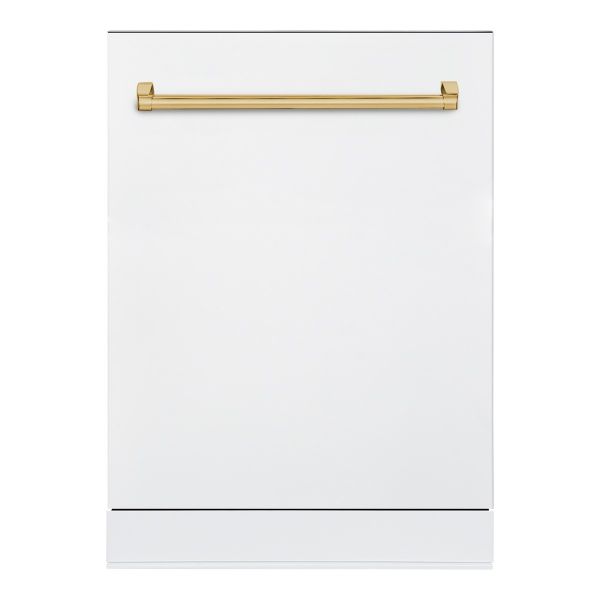 24-Inch Dishwasher with Stainless Steel Metal Spray Arms (not plastic), in the color WT with BOLD Brass handle