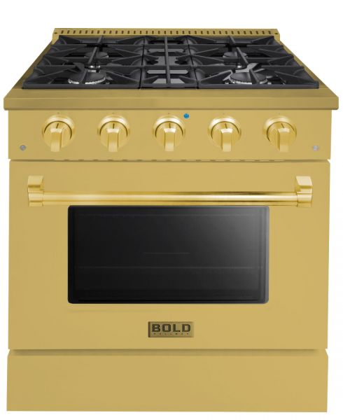 30-IN, 4 Burner, Freestanding, Dual Fuel Range with Natural Gas Stove and Electric Oven, Gold with Gold Trim