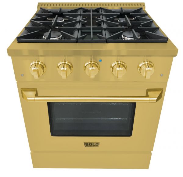 30-IN, 4 Burner, Freestanding, Dual Fuel Range with Natural Gas Stove and Electric Oven, Gold with Gold Trim