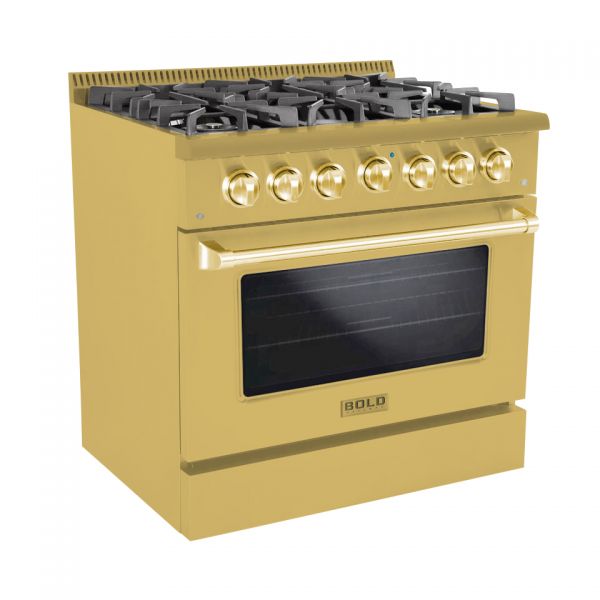 36-IN, 6 Burner, Freestanding, Dual Fuel Range with Natural Gas Stove and Electric Oven, Gold with Gold Trim