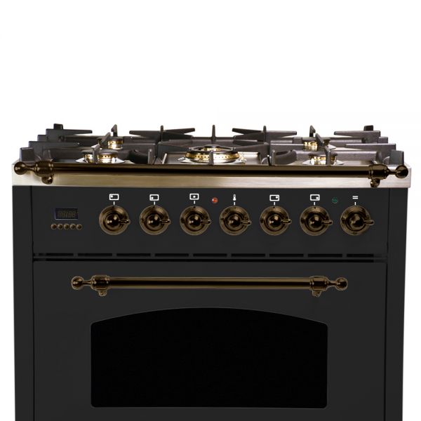 30 in. Single Oven Dual Fuel Italian Range, LP Gas, Bronze Trim in Glossy Black