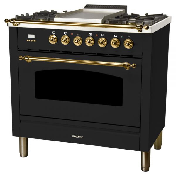 36 in. Single Oven Dual Fuel Italian Range, Brass Trim in Glossy Black