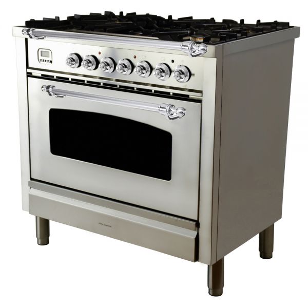 36 in. Single Oven Dual Fuel Italian Range, LP Gas, Chrome Trim in Stainless-steel