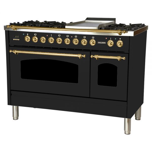 48 in. Double Oven Dual Fuel Italian Range, Brass Trim in Glossy Black