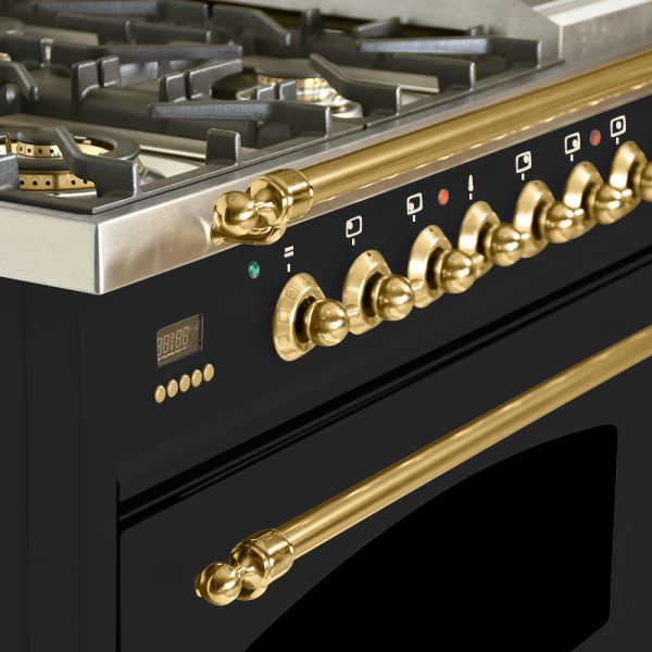 48 in. Double Oven Dual Fuel Italian Range, LP Gas, Brass Trim in Glossy Black