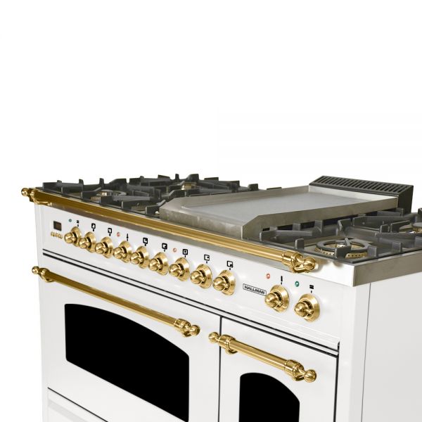 48 in. Double Oven Dual Fuel Italian Range, Brass Trim in White