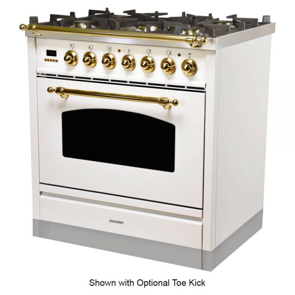 30 in. Single Oven All Gas Italian Range, Brass Trim in White