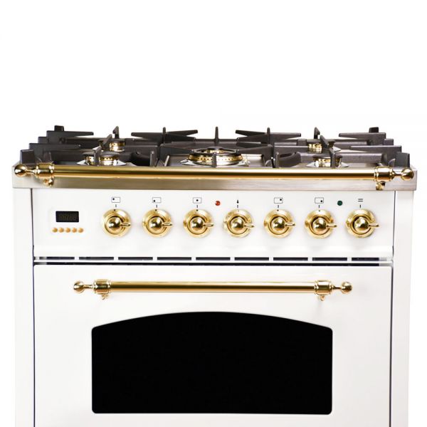 30 in. Single Oven All Gas Italian Range, Brass Trim in White