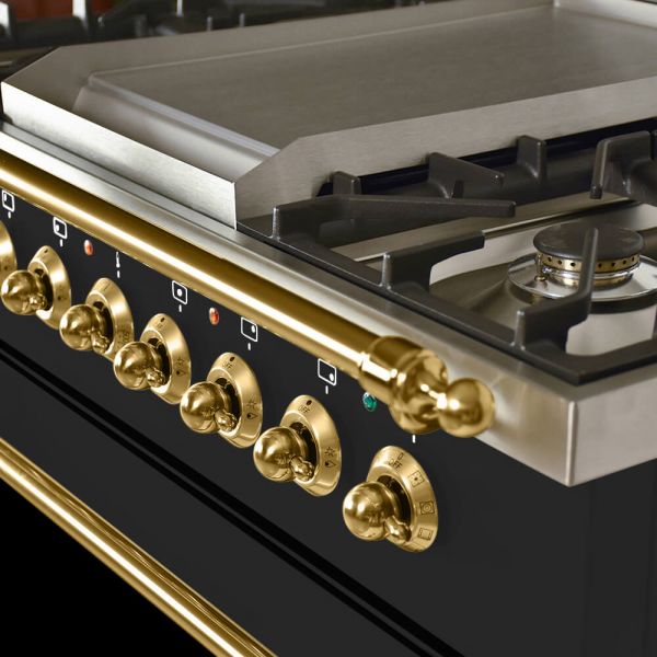 36 in. Single Oven All Gas Italian Range, LP Gas, Brass Trim in Glossy Black