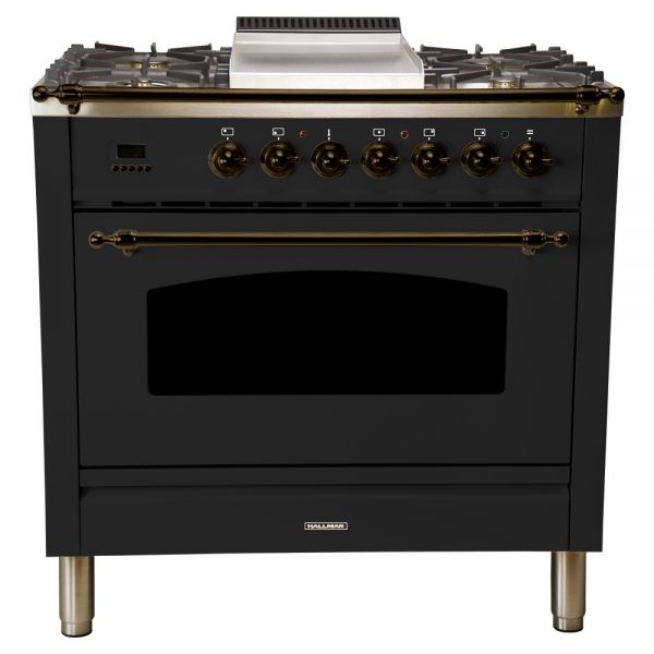 36 in. Single Oven All Gas Italian Range, LP Gas, Bronze Trim in Glossy Black