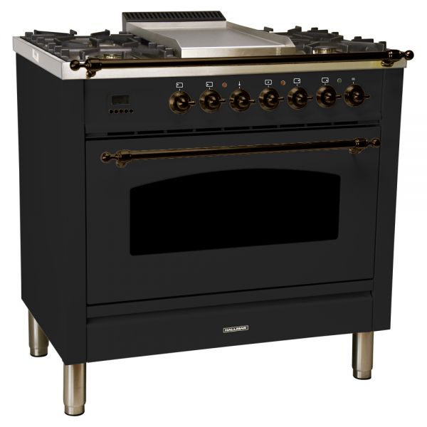 36 in. Single Oven All Gas Italian Range, LP Gas, Bronze Trim in Glossy Black